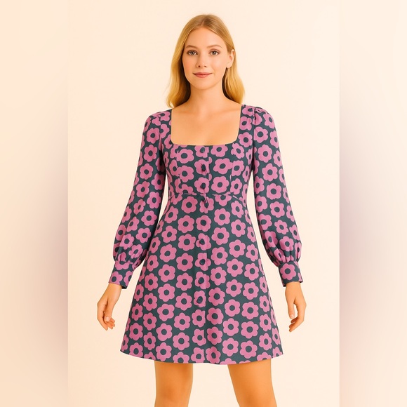 Kate Spade Purple Floral Puff Sleeve Mini Dress Size 2 - Picture 1 of 11